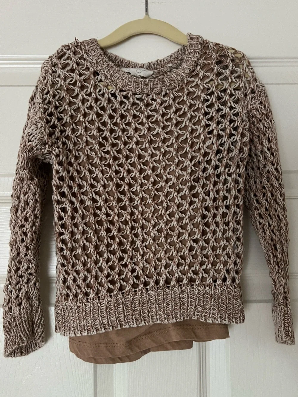Girls Two Piece Knit Open-Weave Crewneck Sweater and Tank in Taupe